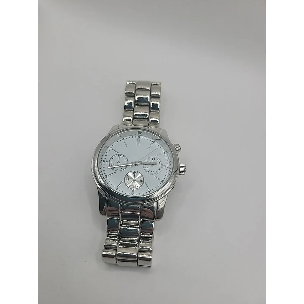Vintage Silver Tone Chronogragh‎ Style Quartz Watch Metal Link Bracelet